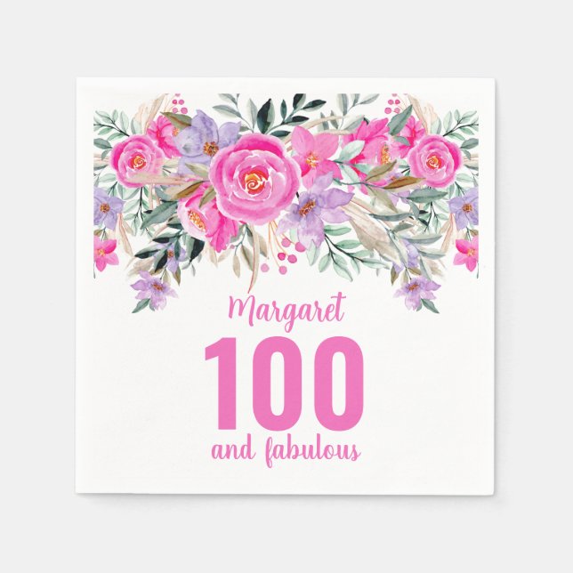 Servilleta De Papel 100 años fiesta floral rosa (Anverso)
