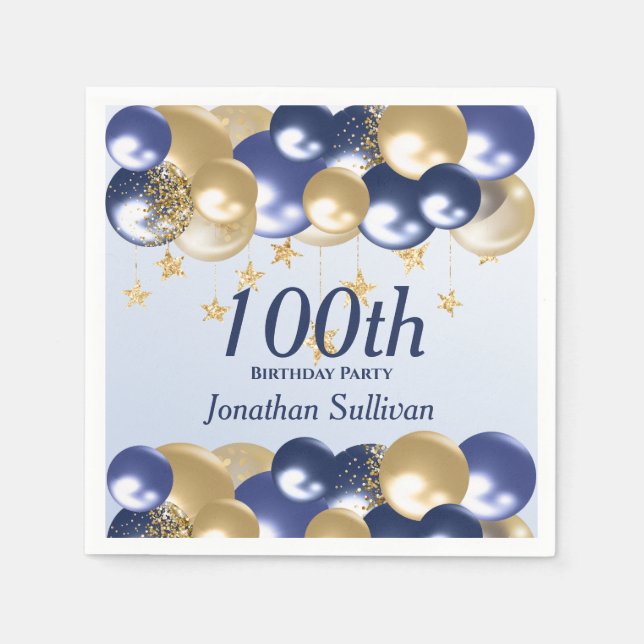 Servilleta De Papel 100th Birthday Navy Gold Balloons Party (Anverso)