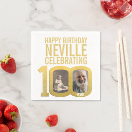 Servilleta De Papel 100th happy birthday gold white custom photo