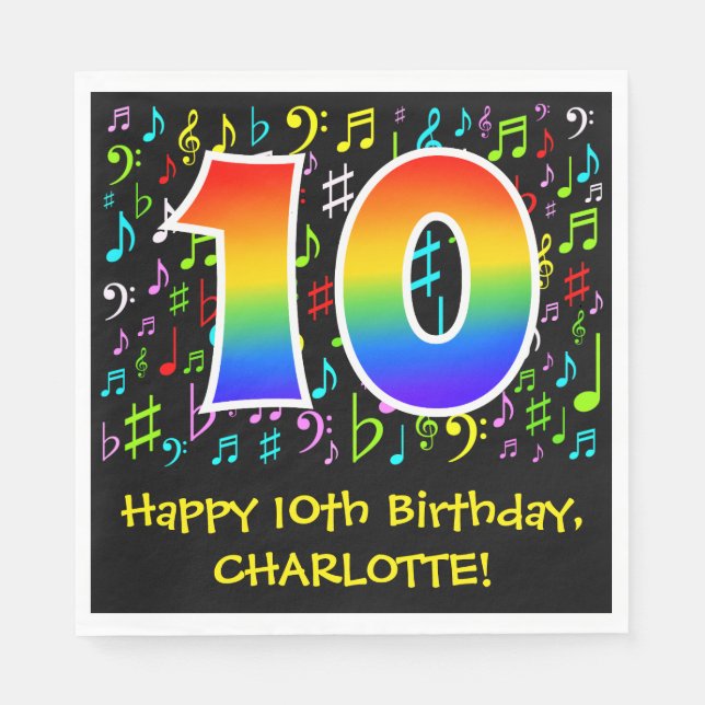 Servilleta De Papel 10.º cumpleaños - Coloridos símbolos musicales, ar (Anverso)