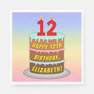 Servilleta De Papel 12.º cumpleaños: Torta divertida y velas + nombre