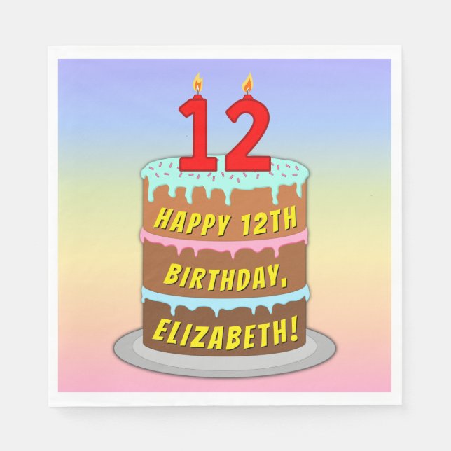 Servilleta De Papel 12.º cumpleaños: Torta divertida y velas + nombre  (Anverso)