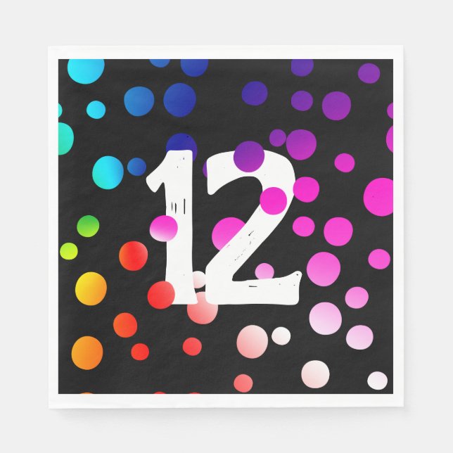 Servilleta De Papel 12° cumpleaños con puntos arcoiris en negro (Anverso)