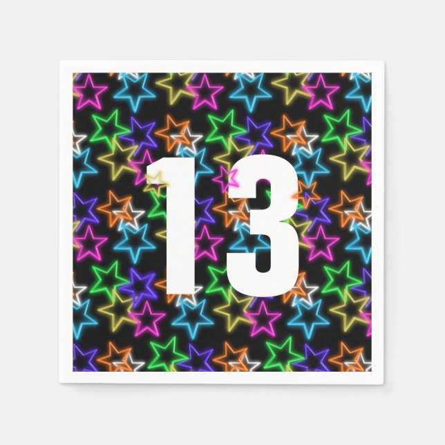 Servilleta De Papel 13.º cumpleaños, Neon Stars en negro (Anverso)