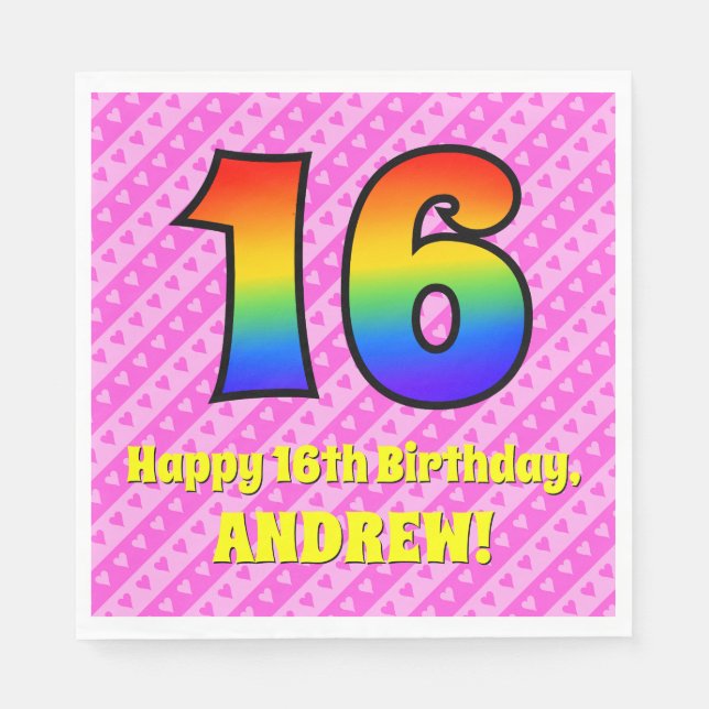 Servilleta De Papel 16º cumpleaños: Rayas y corazones rosados, arcoiri (Anverso)