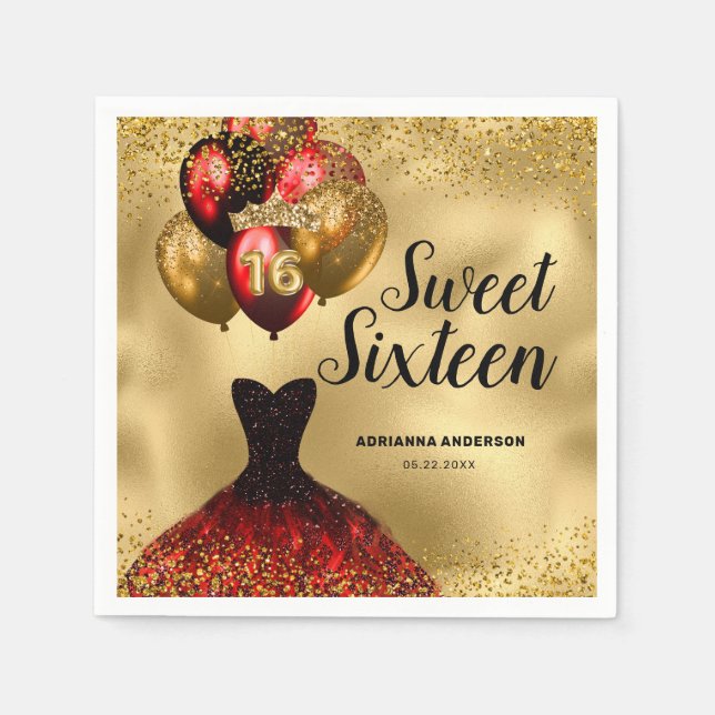 Servilleta De Papel 16.º cumpleaños Glam Gold Purpurina Rojo Dulce 16 (Anverso)