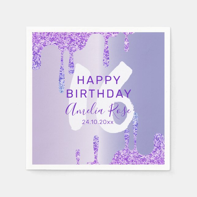 Servilleta De Papel 16.º felíz cumpleaños morado metálico (Anverso)