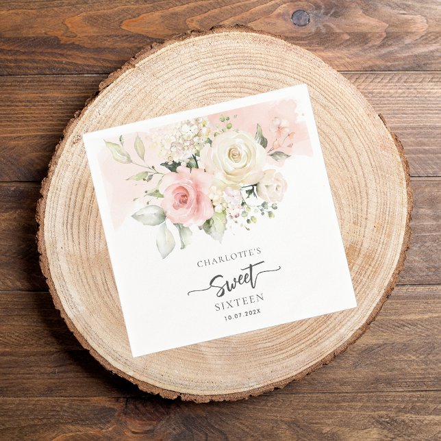 Servilleta De Papel 16.º Papel Fiesta Floral Rosa (Pink Floral Sweet 16th Birthday Paper Napkin)