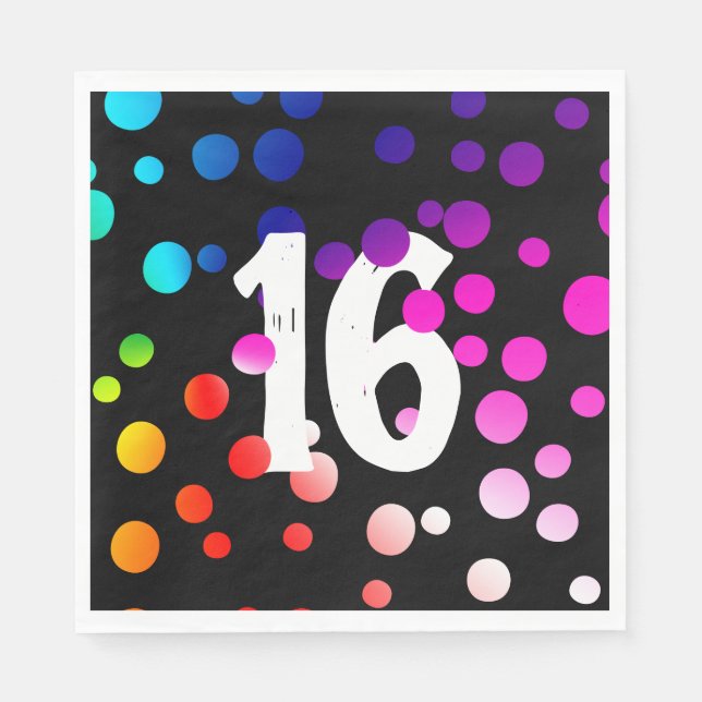 Servilleta De Papel 16° cumpleaños con puntos arcoiris en negro (Anverso)