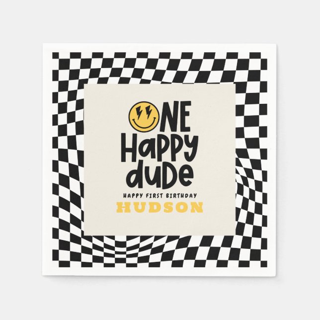 Servilleta De Papel 1.ª sonrisa de cumpleaños cara retro negro groovy (Anverso)