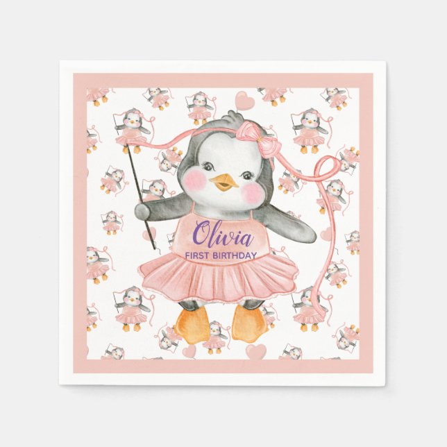 Servilleta De Papel 1.ᵉʳ cumpleaños Ballerina Papel rosa Pingüino (Anverso)