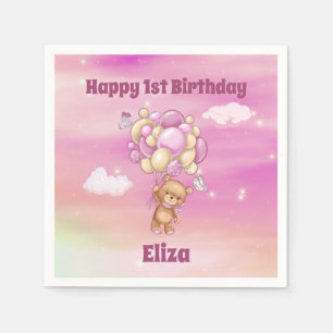 Servilleta De Papel 1.ᵉʳ Cumpleaños Chica rosa con globo de Oso Teddy