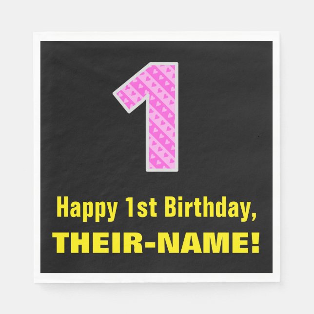 Servilleta De Papel 1.ᵉʳ cumpleaños: Corazones y franjas rosadas "1" + (Anverso)