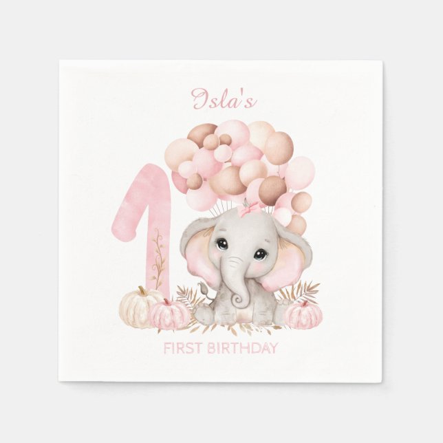 Servilleta De Papel 1.ᵉʳ Cumpleaños Cute Elephant Cae Chicas Papeles (Anverso)
