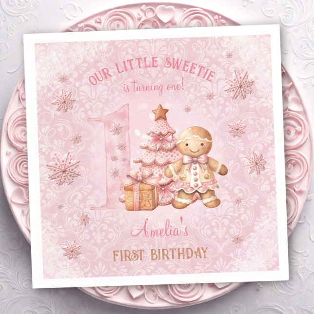 Servilleta De Papel 1.ᵉʳ cumpleaños Gingerbread Chicas Navidades rosad (1st Birthday Gingerbread Man Girl Pink Christmas Napkins)
