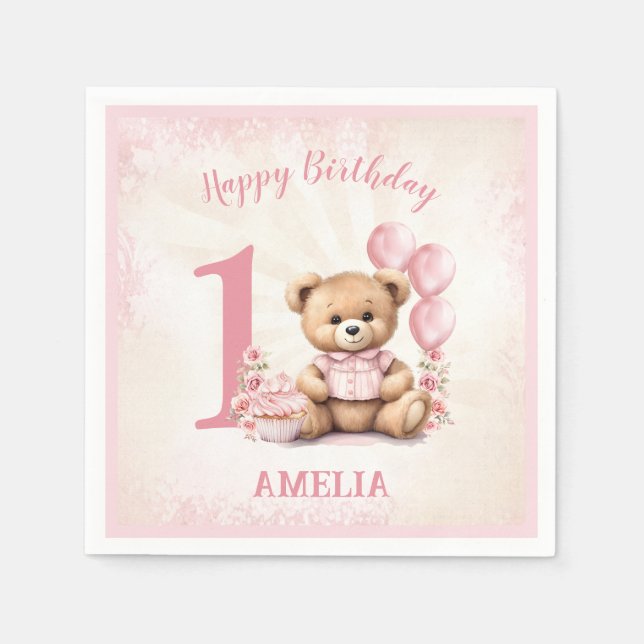 Servilleta De Papel 1.ᵉʳ Cumpleaños Pink Teddy Bear Paper Napkins (Anverso)