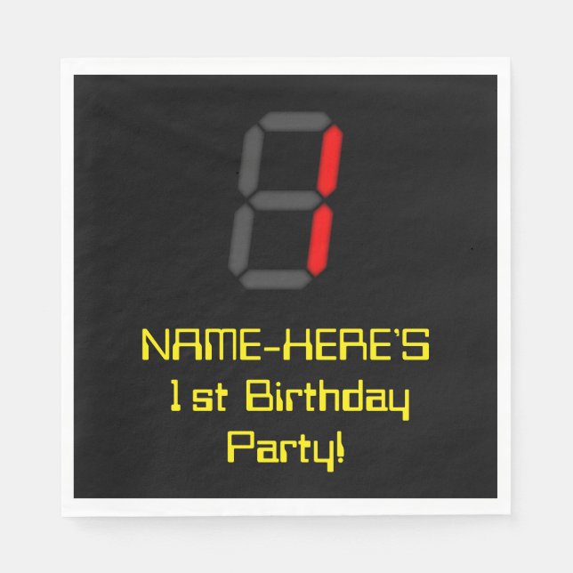 Servilleta De Papel 1.ᵉʳ Cumpleaños: Red Digital Clock Style "1" + Nom (Anverso)