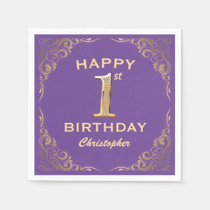 Servilleta De Papel 1.ᵉʳ Fiesta de cumpleaños Marco Purpurina morado y