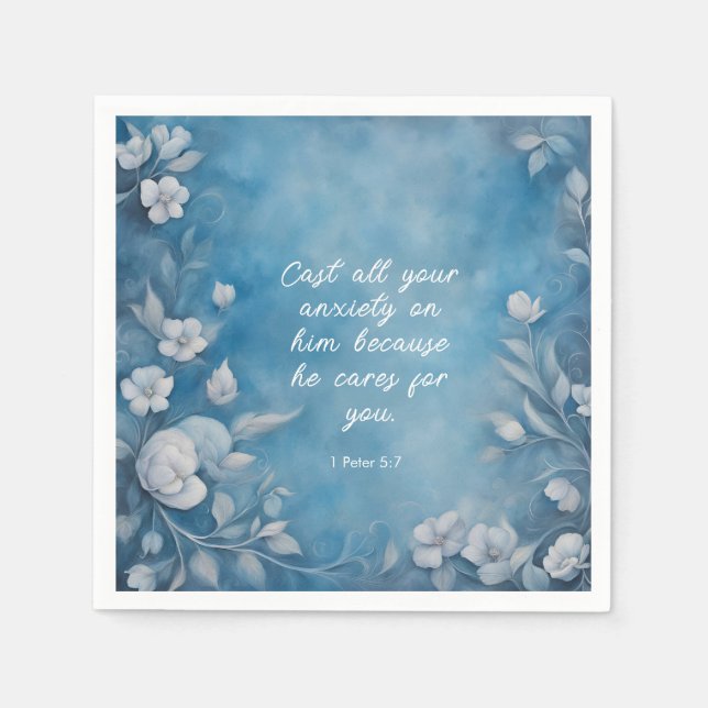Servilleta De Papel 1 Peter 5:7 “Cast All Your Anxiety” Blue Floral (Anverso)