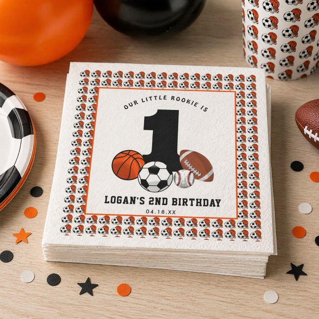 Servilleta De Papel 1 Tema de Deportes con Pelota Cumpleaños del Niño  (1 Ball Sports Theme Boy’s 1st Birthday Napkins)