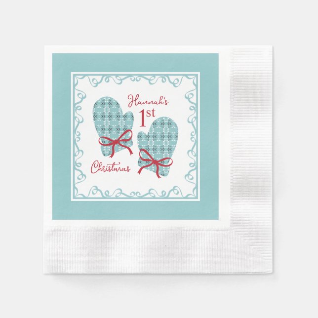 Servilleta De Papel 1st Christmas Mittens Red Bow Holiday (Anverso)
