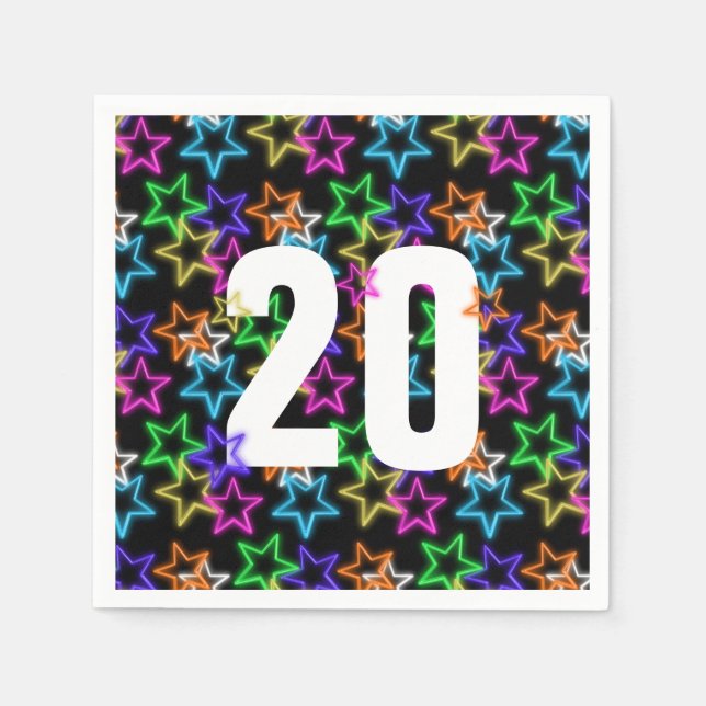 Servilleta De Papel 20.º cumpleaños, Neon Stars en negro (Anverso)