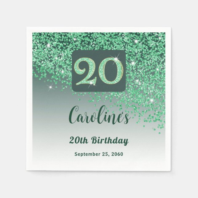 Servilleta De Papel 20th Birthday Party Sparkling Green Glitter (Anverso)