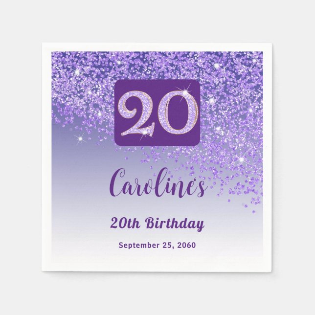 Servilleta De Papel 20th Birthday Party Sparkling Purple Glitter (Anverso)