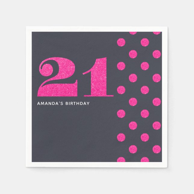 Servilleta De Papel 21.ª Fiesta de cumpleaños purpurina Hot-Pink perso (Anverso)