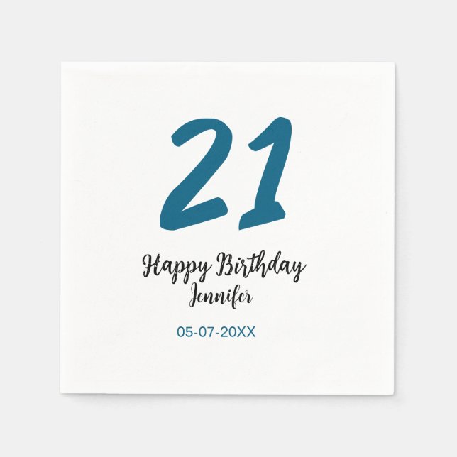 Servilleta De Papel 21 cumpleaños negrita letra azul simple mínimo (Anverso)