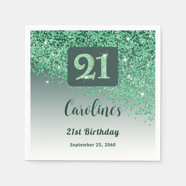 Servilleta De Papel 21st Birthday Party Sparkling Green Glitter (Anverso)