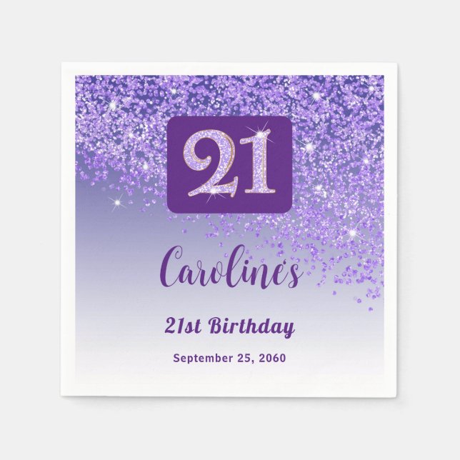 Servilleta De Papel 21st Birthday Party Sparkling Purple Glitter (Anverso)