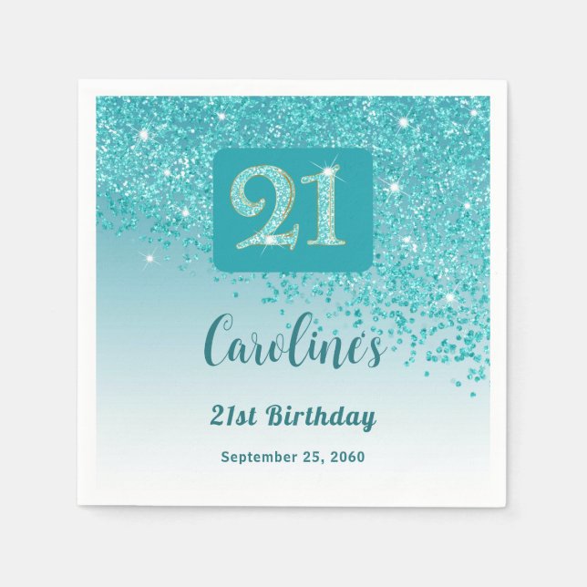 Servilleta De Papel 21st Birthday Party Sparkling Teal Blue Glitter (Anverso)
