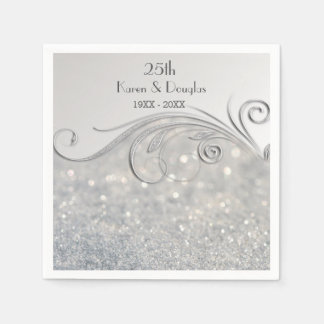 Servilleta De Papel 25º aniversario del Boda Sparkle Silver