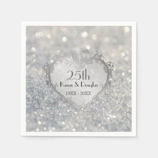 Servilleta De Papel 25º aniversario del Boda Sparkle Silver Heart
