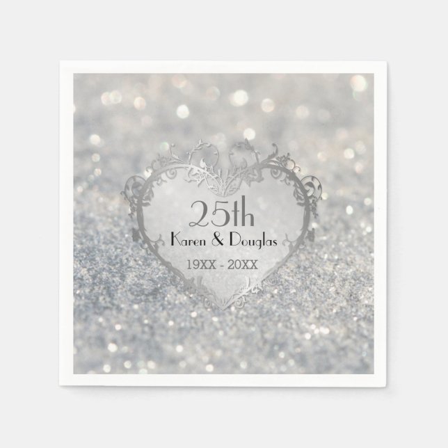 Servilleta De Papel 25º aniversario del Boda Sparkle Silver Heart (Anverso)