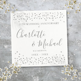 Servilleta De Papel 25º Aniversario Firma Plata Corazones Confetti