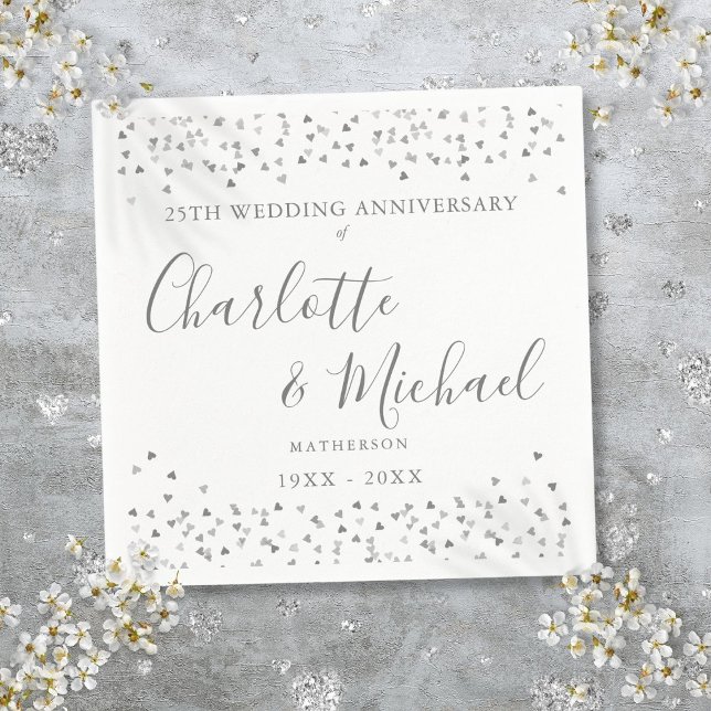 Servilleta De Papel 25º Aniversario Firma Plata Corazones Confetti (25th Anniversary Signature Silver Hearts Confetti Napkins)