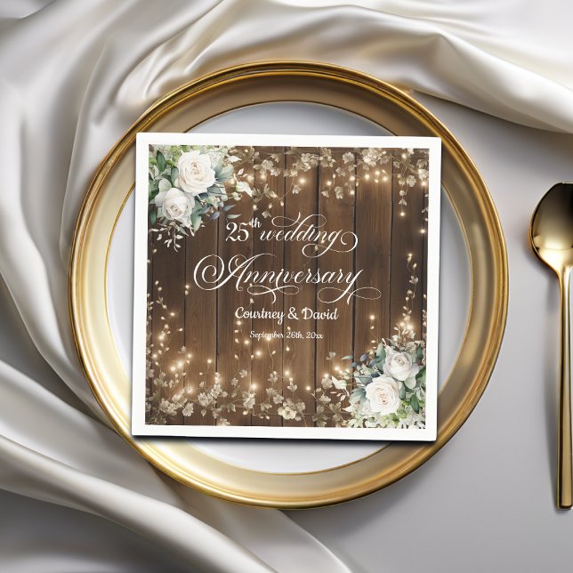 Servilleta De Papel 25° Aniversario Boda Luces de cuerdas rusticas (Subido por el creador)