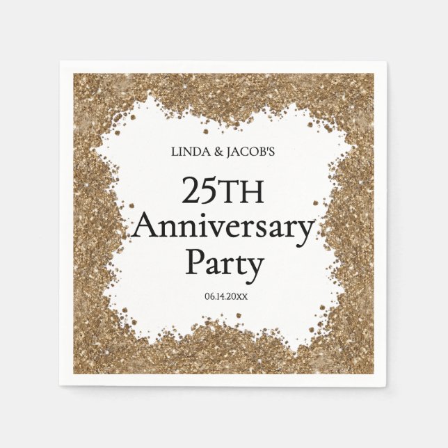 Servilleta De Papel 25th Wedding Anniversary Gold Faux Glitter  (Anverso)