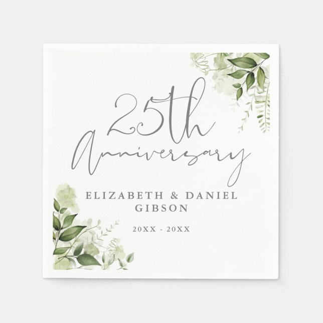 Servilleta De Papel 25th Wedding Anniversary Greenery Silver Script (Anverso)
