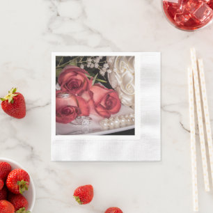 Servilleta De Papel 2686-Rosas Bodas rojos y blancos con anillos, perl