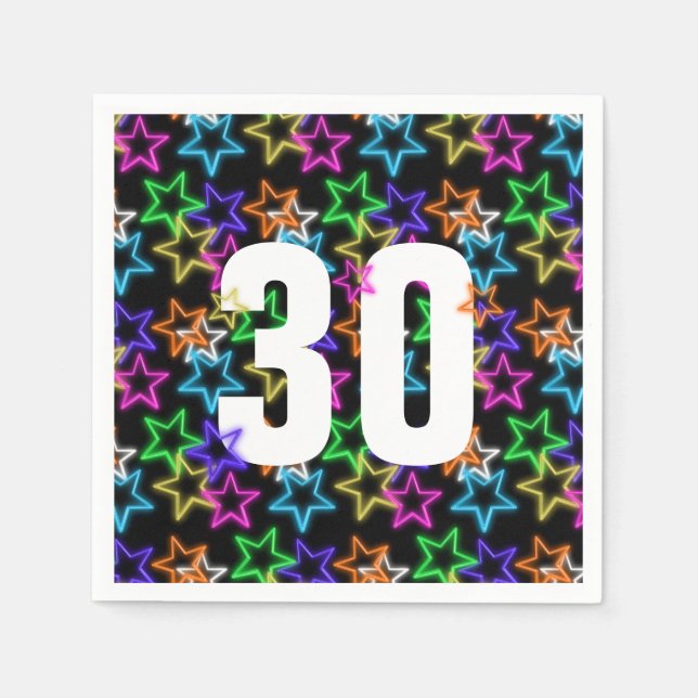 Servilleta De Papel 30.º cumpleaños, Neon Stars en negro (Anverso)