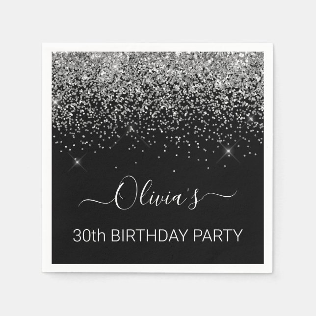 Servilleta De Papel 30.º cumpleaños Purpurina de plata negra cualquier (Anverso)