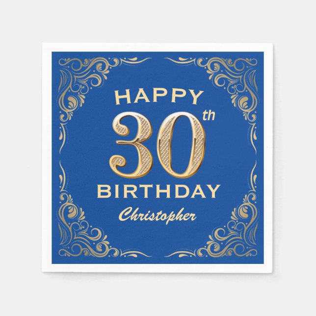 Servilleta De Papel 30.º marco Purpurina azul y dorado Fiesta de cumpl (Anverso)