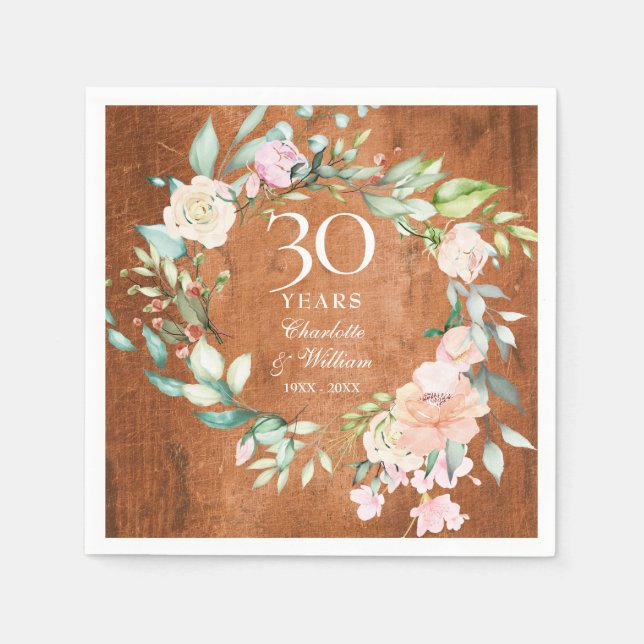 Servilleta De Papel 30° Aniversario del Boho Floral de Madera Rústica (Anverso)
