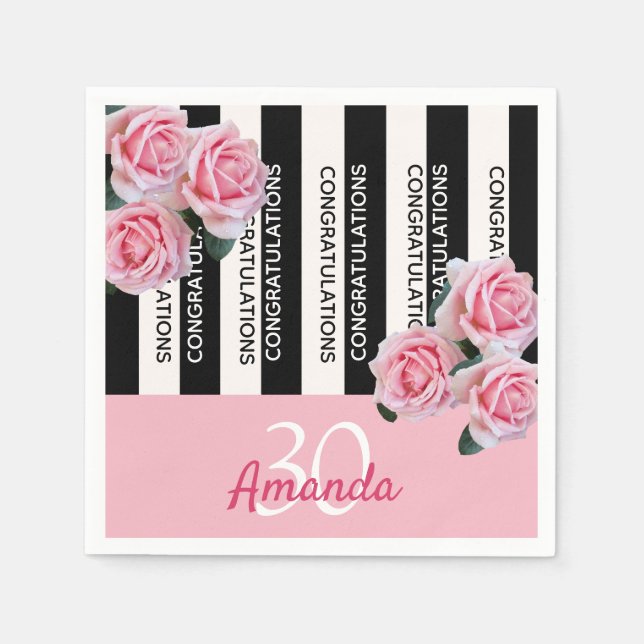 Servilleta De Papel 30 años rayas blancas negras flores rosadas (Anverso)