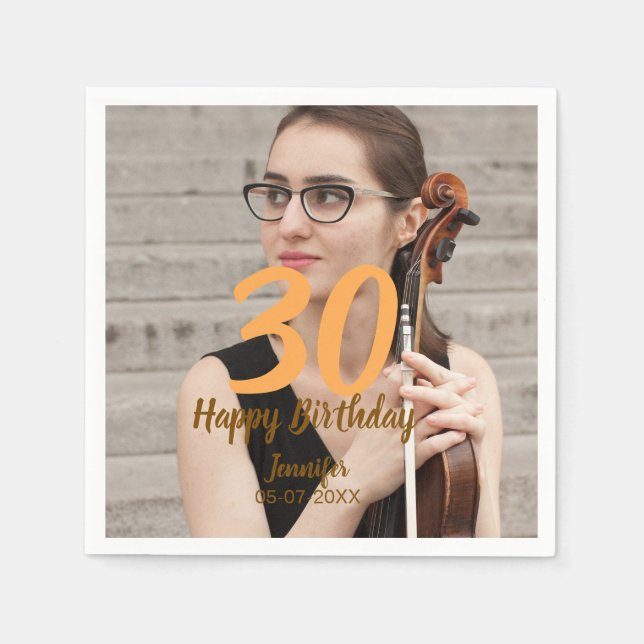 Servilleta De Papel 30th birthday add name date year white photo (Anverso)