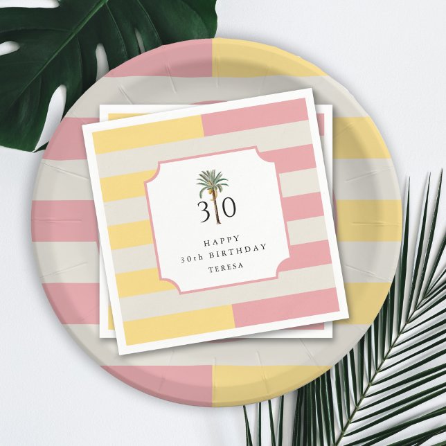 Servilleta De Papel 30th Birthday Palm Beach Pastel Stripe Tropical (Subido por el creador)
