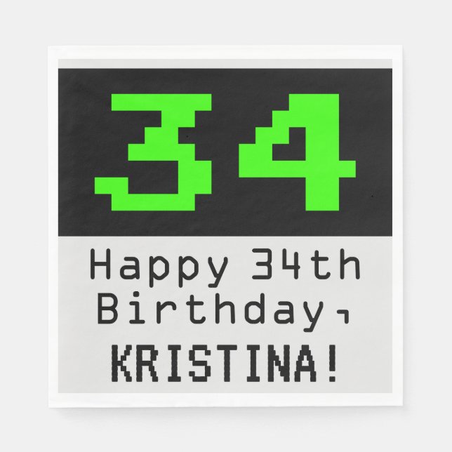 Servilleta De Papel 34º cumpleaños - Nerdy / Geeky Style "34" y nombre (Anverso)